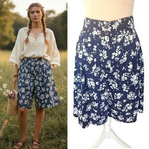 VTG 80s USA Blue Floral Ultra High Rise Bermuda Mom Shorts Large
